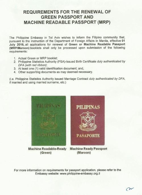 Requirements for the Renewal of Green Passport and Machine Readable Passport