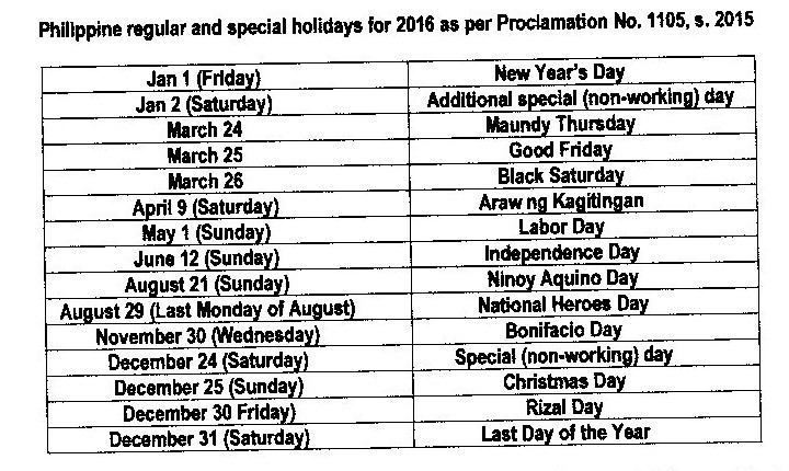 Indicative List of Holidays & Vacations / Annual Leave for Filipino Workers in Israel for 2016